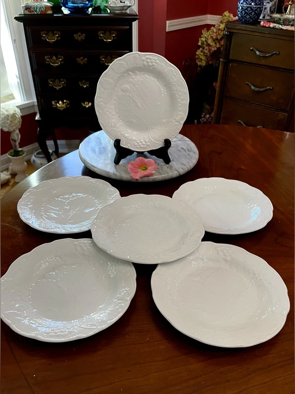 6-Set Vintage Burleigh Davenport White Ironstone Grape Leaf Dessert/Salad Plates